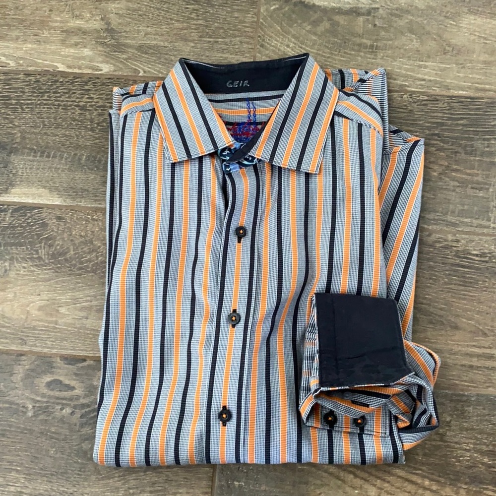 Robert Graham black and orange striped shirt L